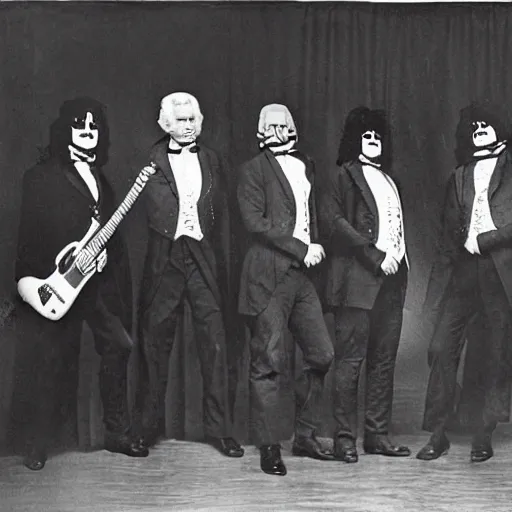 Prompt: george washington, thomas jefferson, abraham lincoln, and teddy roosevelt as the members of the rock band kiss!!!!!!, performing on stage in concert, heavy metal, black and white face paint, by frank frazetta, by jon mcnaughton, by ken kelly