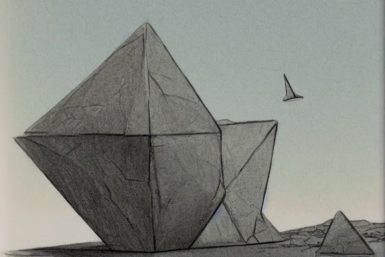 Prompt: giant stone octahedron floating above the desert concept sketch by joe johnston and nilo rodis - jamero and ralph mcquarrie and norman reynolds