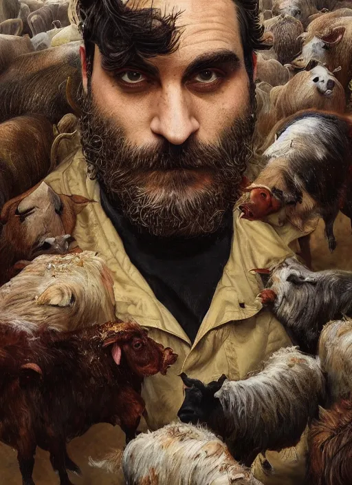 Prompt: a hyper detailed painting of joaquin phoenix surrounded by animals, cow, pig, sheep, chicken, horror, by anna podedworna, by miklos ligeti, by diego maricato, by taran fiddler, by antonino truisi, by chris reddie, by jinsung lim, trending on artstation