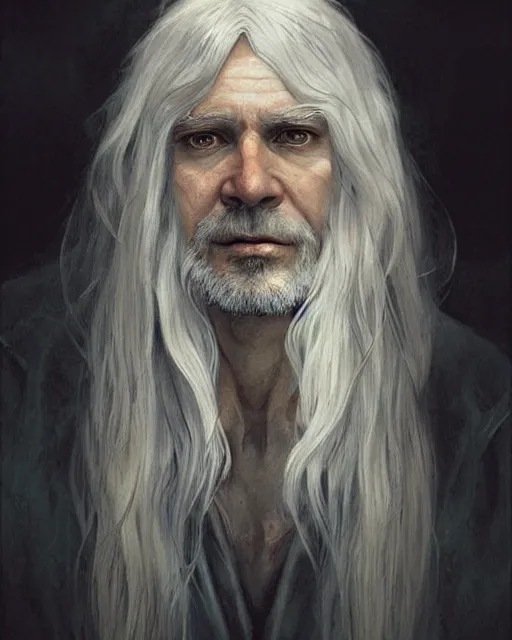 Image similar to portrait of 4 0 - year - old man with long white hair with a pale complexion, clear face, pointed face and grey eyes, hyper realistic face, beautiful eyes, fantasy art, in the style of greg rutkowski, intricate, alphonse mucha, hyper detailed, smooth