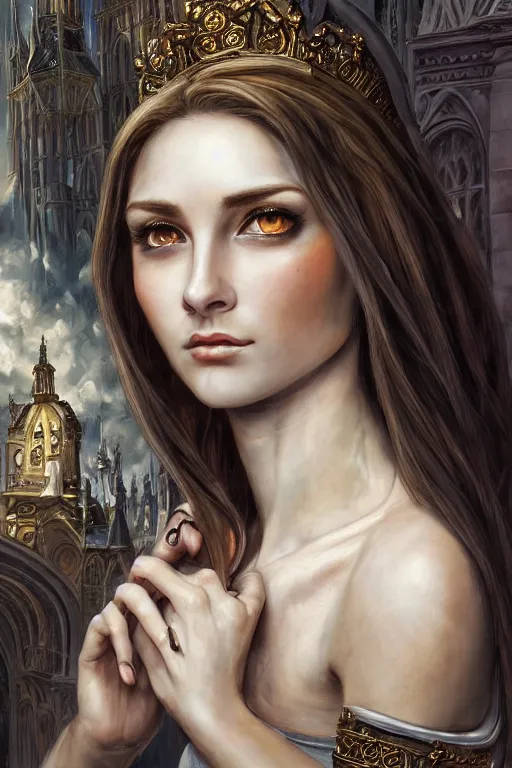 Image similar to high quality extremely detailed closeup portrait of a young attractive female necromancer looking away from the camera, dressed, realistic eyes, sparkle in eyes, no hands visible, baroque architecture in background, fantasy, d & d, intricate, painting by lucian freud and mark brooks, hd