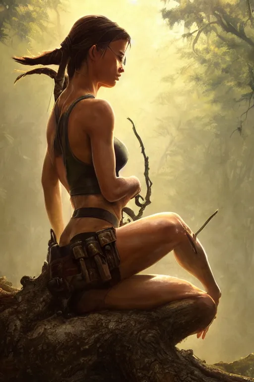 Prompt: lara croft sitting in a lotus position on a tree, foggy, close up, full body, backlit, oil painting, sunlit, paint texture, digital painting, highly detailed, artstation, sharp focus, illustration, concept art, ruan jia, charlie bowater, tom bagshaw, norman rockwell