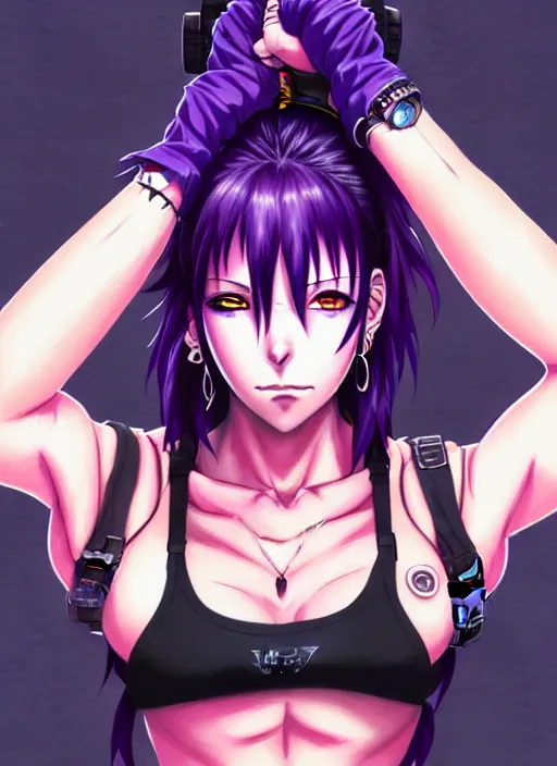 Image similar to revy black lagoon, purple hair, black tank top, jean shorts, tribal sleeve left arm, portrait shinkai makoto, studio ghibli, studio key, hideaki madhouse anime studio, artgerm, lau rossdraws james jean marc simonetti pixiv