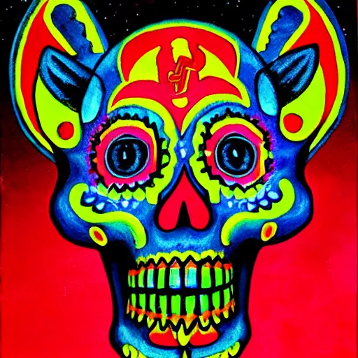 Image similar to a realistic portrait of dia de los muertos fox skull character, themed on the stars and moon, painting by jeff easley, stylized, black light, neon, black velvet, bowling alley carpet, dnd beyond