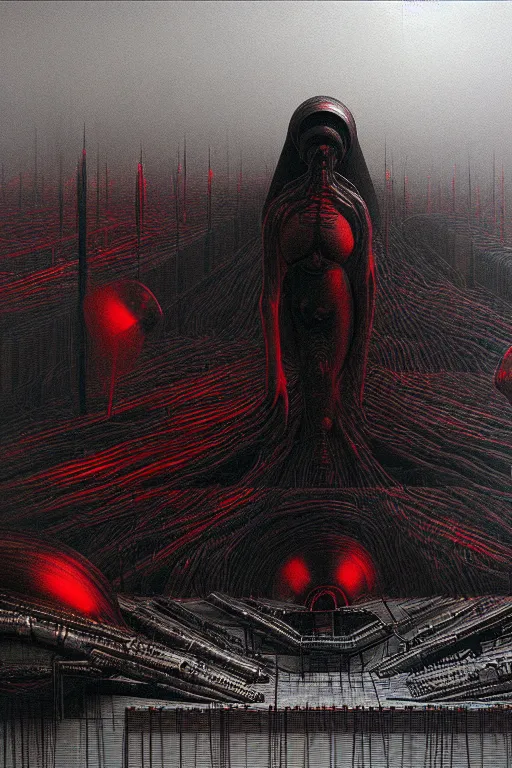 Image similar to dark master constructing infinite factories, red and black science fiction scenario, giger, beksinski, digital art render