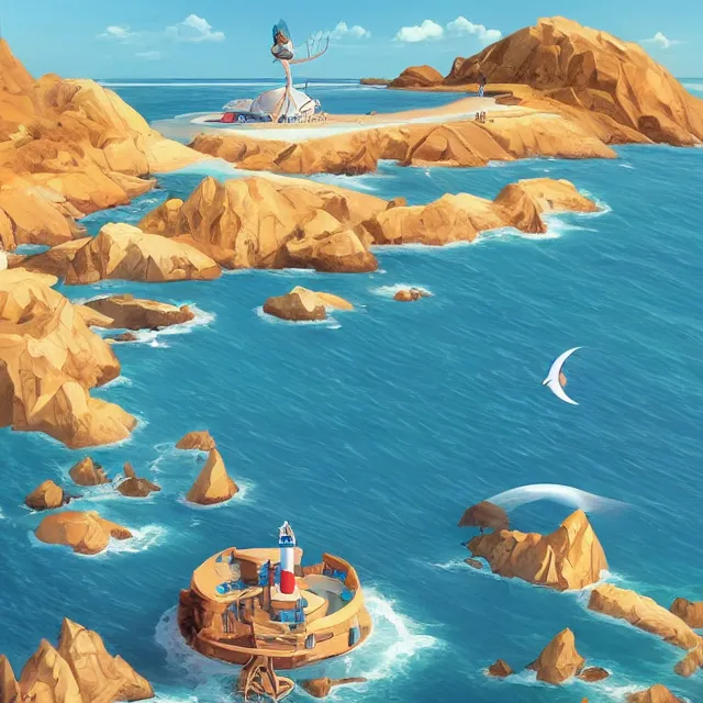 Image similar to a remote island research station in the middle of the ocean, rhads!!!, magical realism, urban fantasy, saturday morning cartoon, clean linework, ( alexander archipenko ), ( tex avery ), western animation