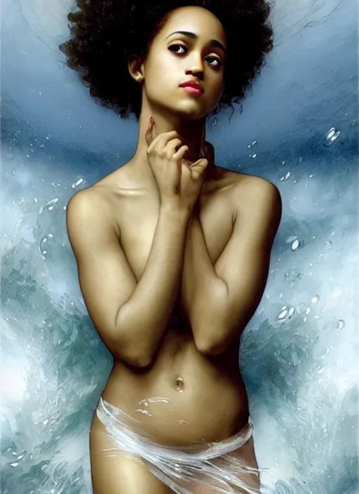 Image similar to dramatic upper body portrait of Nathalie Emmanuel as a dark-skinned la sirene Haitian mermaid goddess by Ruan Jia and Mandy Jurgens and Artgerm and william-adolphe bouguereau, underwater, white sheer fabric, white lilies, shells, mirrors, marvel comics, intricate, highly detailed, smooth, artstation, digital illustration by julie bell and Ruan Jia and Mandy Jurgens and Artgerm and William Adolphe Bouguereau and John Collier and Greg Rutkowski and Frank Frazetta