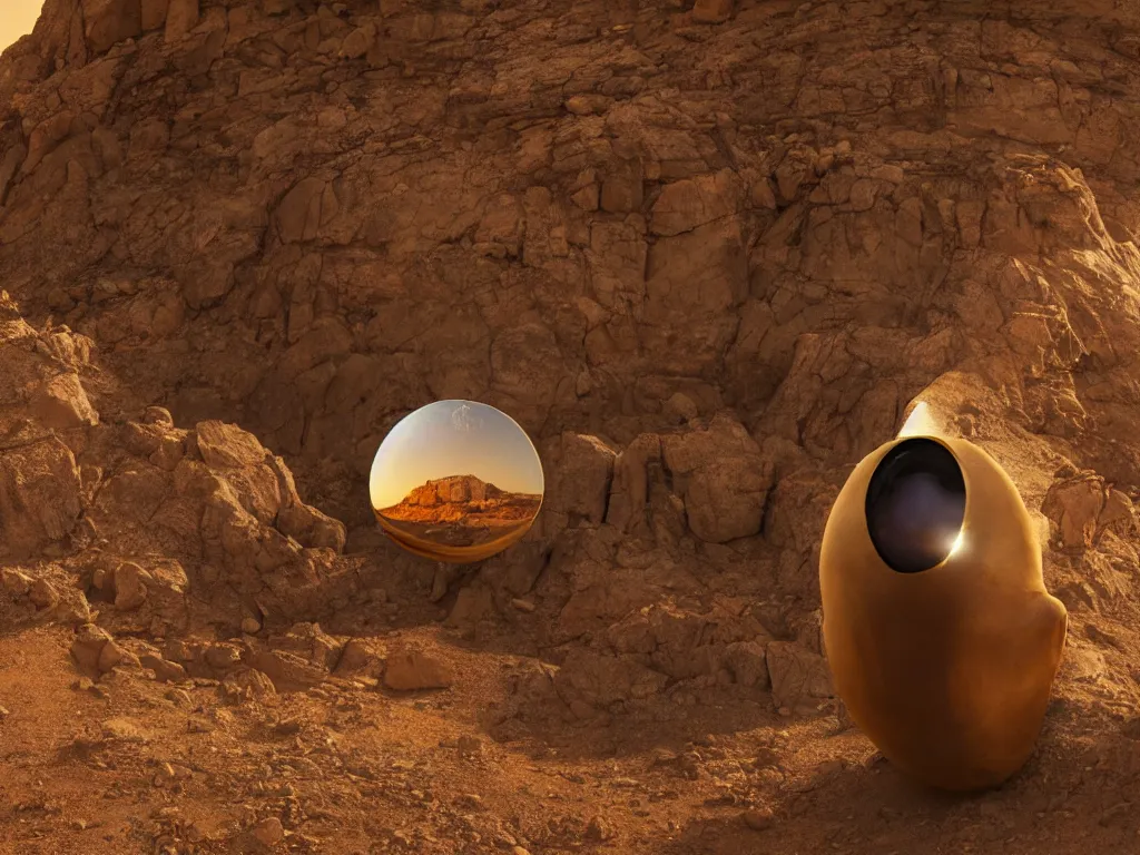 Image similar to levitating bene gesserit with full - face golden mask and glowing eyes in a dry rocky desert landscape, visible sky and sunny atmosphere, fata morgana giant mirrors, spaceship in the sky by alejandro jodorowsky, anamorphic lens, kodakchrome, cinematic composition, practical effects, 8 k,