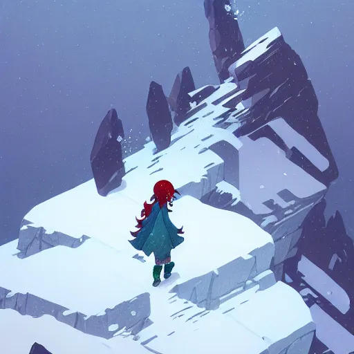 Image similar to madeline from celeste climbing a snowy mountain, pixel art, highly detailed, digital painting, artstation, concept art, sharp focus, illustration, art by greg rutkowski and alphonse mucha