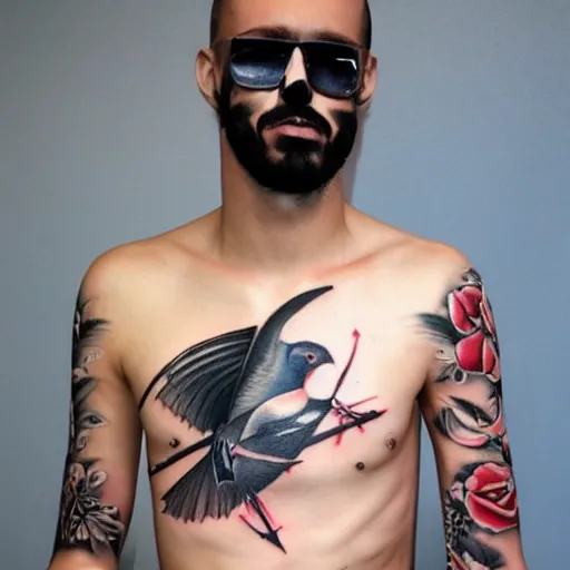 Image similar to tatoo ink cyber a swallow with a black beard wearing an athletic bilbao shirt, high detailed