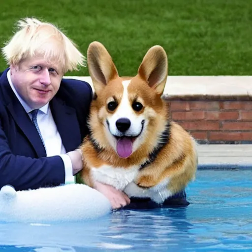 Prompt: Boris Johnson and a corgi in a pool, both with floaties