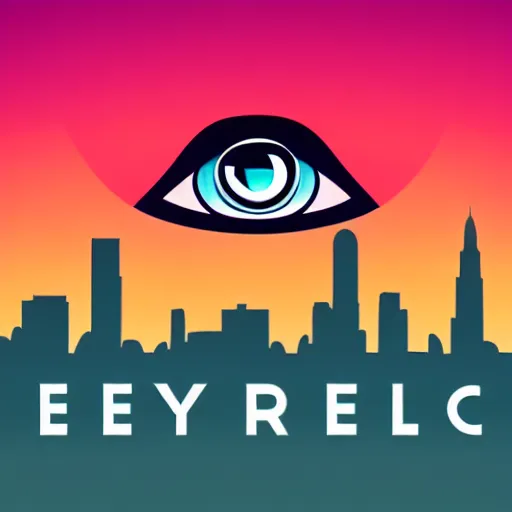 Image similar to logo of eye as background, city as foreground, symmetrical, washed out color, centered, art deco, 1 9 5 0's futuristic, glowing highlights, peaceful