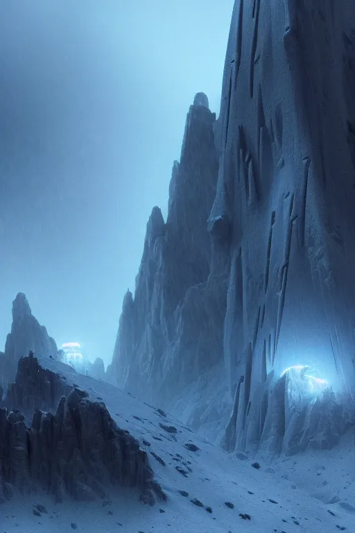 Image similar to futuristic atmosphere in the snowy mountains dolomites 3 d concept art, cinematic lighting, rule of thirds, depth of field, intricate details, building by zaha hadid, stormy weather, emissary space by arthur haas and bruce pennington and john schoenherr, cinematic matte painting, dark moody colors, trending on artstation, featured on behance