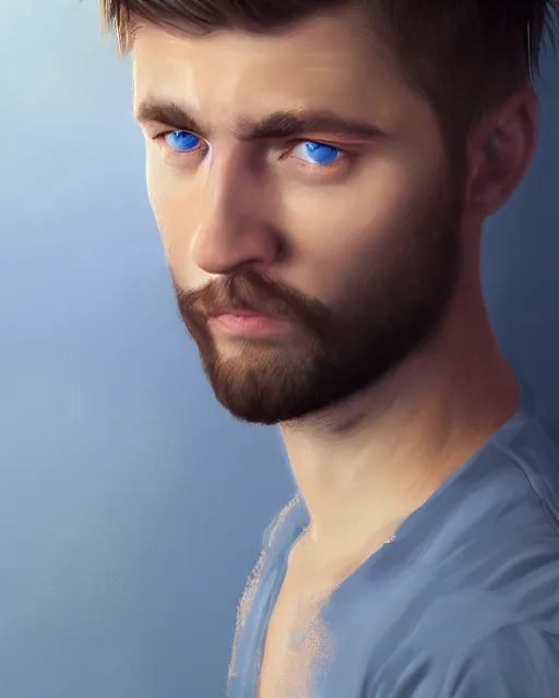 Prompt: portrait of a man in his mid - twenties with blue eyes, short dark blond hair, short beard, ultra realistic, epic, highly detailed, hd, sharp focus, cinematic lighting, realistic, dreamy, vivid colors, dreary, morose, matt painting, digital art, non blurry, sharp, artstation, concept art, smooth, illustration