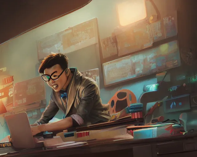 Image similar to an insanely detailed painting of a nerdy asian man wearing a superhero costume, sitting at a desk, staring at the nervously at the computer and typing, in the style of peter mohrbacher, dramatic lighting and composition, surreal background, octane render, pixar, trending on artstation, concept art, comic book, view from behind