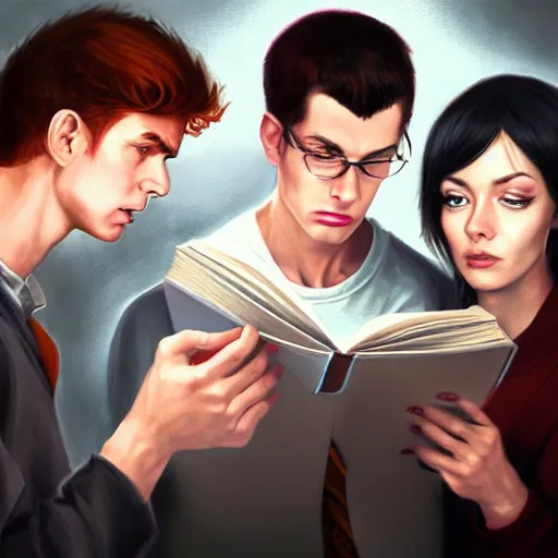 Prompt: realistic portrait of three male and one female characters look intensely at a terrified female author looking at some written notes, aesthetic!, trending on artstation, detailed digital art,