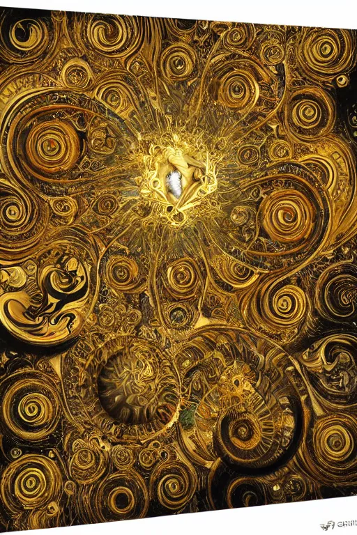 Prompt: Divine Chaos Engine by Karol Bak, Jean Deville, Gustav Klimt, and Vincent Van Gogh, visionary fractal structures, ornate gilded medieval icon, spirals, 8k 3D