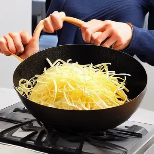 Image similar to a wok made of stretchy plastic that has been stretched out so that it's longer than it is wide