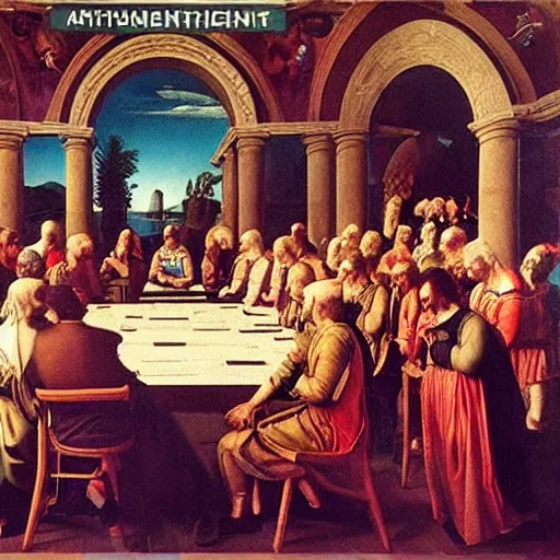 Prompt: a psychedelic conference of scientists / professors / researchers in a renaissance painting