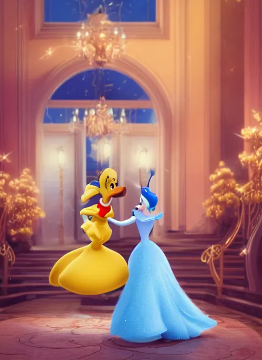 Image similar to cinderella and donald duck on a date the ritz, octane render, elegant, cinematic, elegant, intricate, 8 k