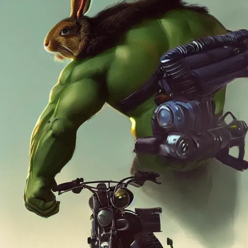 Image similar to A rabbit with the body of the Hulk and with a motorcycle by his side, Greg rutkowski, trend in artstation, cinematographic