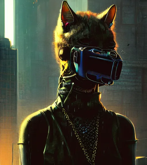 Image similar to new york city portrait of furry anthro anthropomorphic common house cat head animal person fursona wearing clothes strange cybernetic muzzle gloomy rainy screenshot from the video game cyberpunk 2077 digital art by Greg Rutkowski, Simon Stalenhag, christopher nolan trending on Artstation, CGSociety