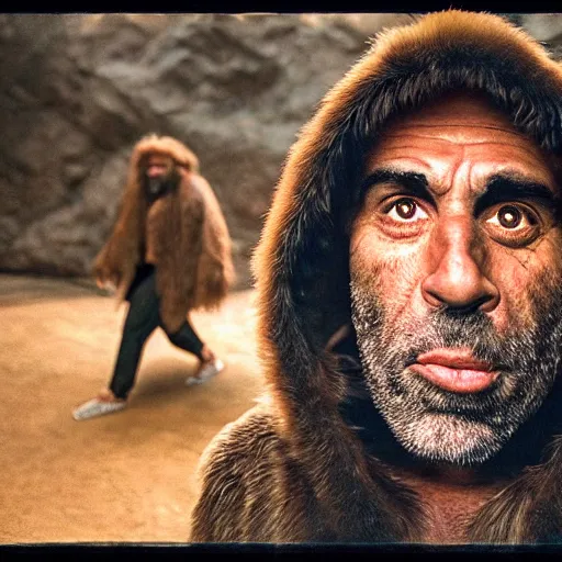 Image similar to Photo portrait Joe Rogan as a wax neanderthal cave man exaggerated brow wrapped in fur cloak screaming like a savage in the natural history museum background dramatic lighting 85mm lens by Steve McCurry