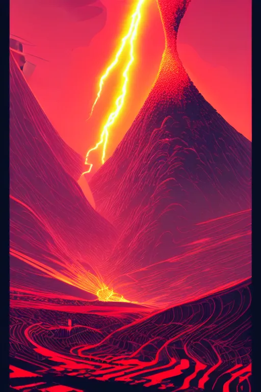 Prompt: artwork by kilian eng and toshi yoshida showing a futuristic powerstation!! in front of a ( ( exploding volcano ) ), vintage scifi, high details, dramatic lightning,, 8 k