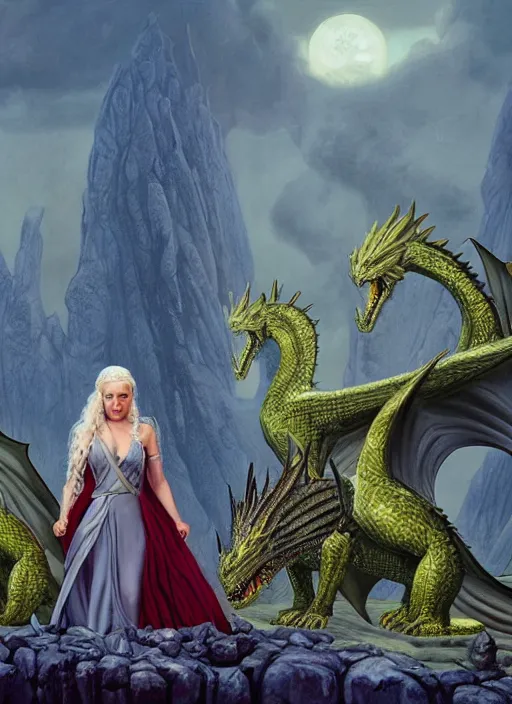 Prompt: queen daenerys stormborn with her dragons, by michael whelan, detailed matte painting, 8 k resolution