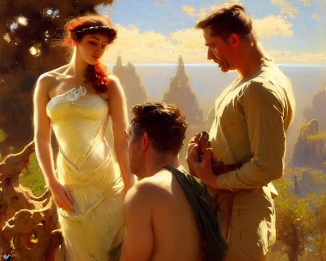 Image similar to distracted boyfriend meme, painting by gaston bussiere, craig mullins, j. c. leyendecker