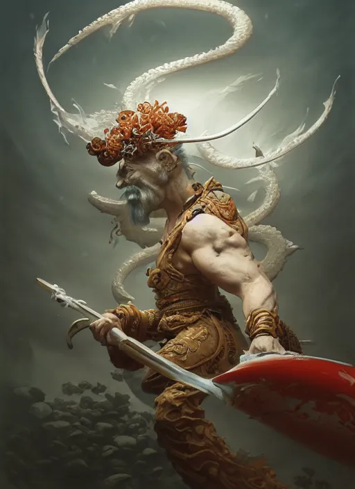 Image similar to subsurface scattering, white, koi, samurai deity, by jesper ejsing, justin gerard, tomasz alen kopera, cgsociety and fenghua zhong, highly detailed, rim light, cinematic lighting, illustration, art, octane render, very coherent, cinematic, hyper realism, high detail, octane render, 8 k