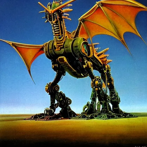 Image similar to Magnificent mecha-dragon hybrid by Roger Dean, by Dean Ellis, surrealism, mecha, dragon , horse