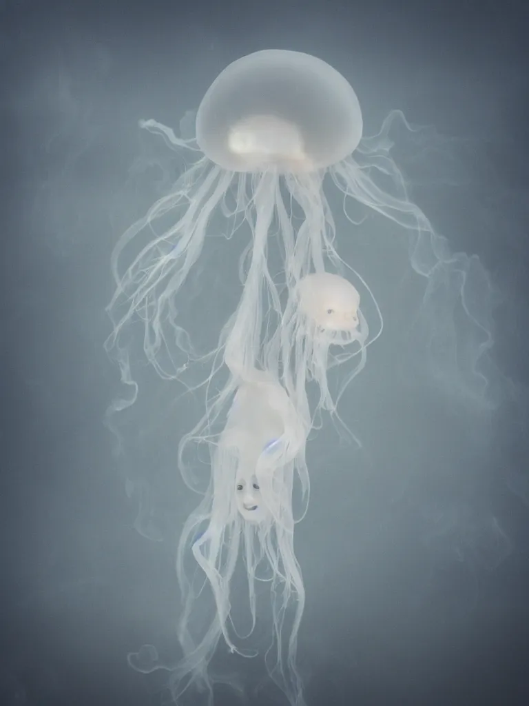 Prompt: cute fumo plush beautiful ectoplasmic gothic skeletal jellyfish ghost girl, glowing milky wisps of hazy smoke and volumetric fog on a stormy reflective river in the rain, lens flare, subsurface scattering, vignette, asymmetry, bokeh, refraction, vray