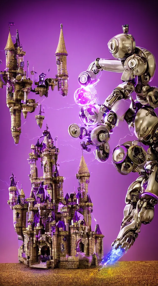 Image similar to robot with purple lights destroying a fantasy castle, professional photo, hdr, bokeh, sci fi, tiny castle, fantasy, small world, toys