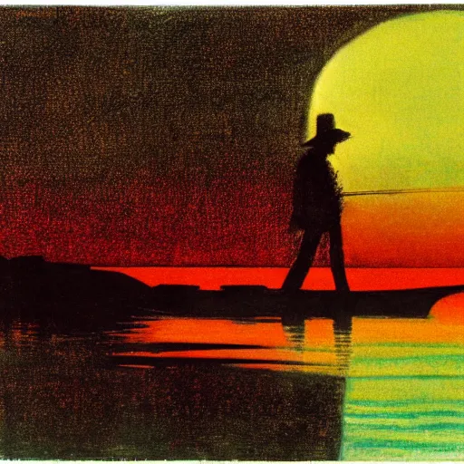 Prompt: silhouette of a man standing in a rowboat, lake, whisps of fog, moonlit night, by peter doig