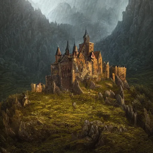 Image similar to A vast verdant empty valley surrounded by Transylvanian mountains. A medieval castle in ruins on the mountainside. Accurate details, dramatic lighting, golden hour, stormy weather, intricate, highly detailed, digital painting, artstation, concept art, sharp focus, illustration, art by Gustave Dore, octane render