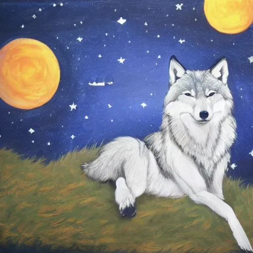 Image similar to wolf okami!!!!!!! resting under a sky full of stars, by a deep!! river, calm, acrylic on canvas, okami, okami, okami, okami, okami, okami