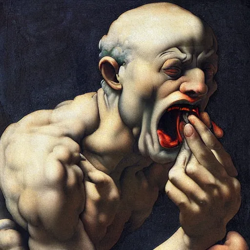 Image similar to screaming man, high detail painting by michelangelo