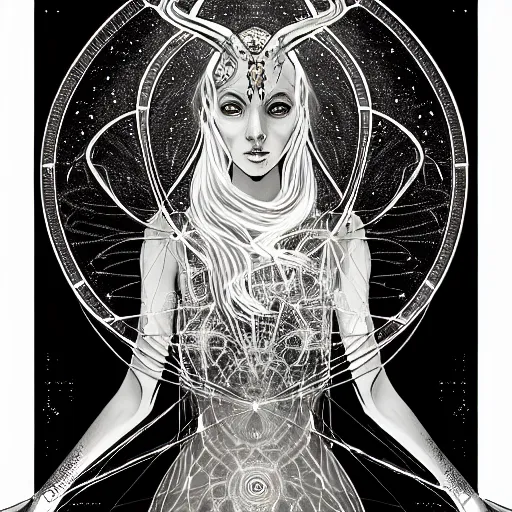 Image similar to a symmetrical portrait of a mystical feminine creature with glowing energies and particals, metal scales, surrounded by spirits, gloomy cinematic lighting, highly detailed, illustrated novel style, comic