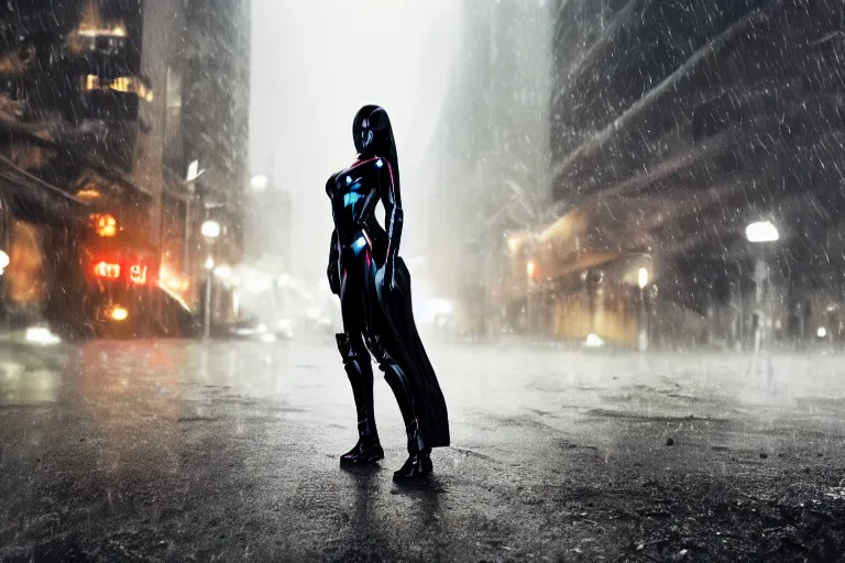 Image similar to vfx marvel sci-fi woman black super hero robot photo real full body action pose, city street cinematic lighting, rain and fog closeup by Emmanuel Lubezki