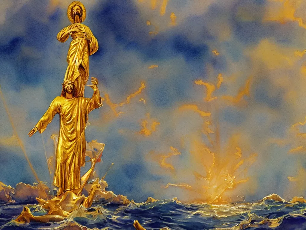 Image similar to a watercolor painting of a golden statue of jesus in the middle of an ocean with a beam illuminating it, detailed