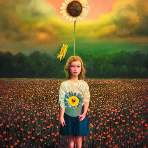 Image similar to giant daisy flower head, portrait of girl in flower field, holding daisy, surreal photography, sunrise, impressionist painting, colorful clouds, digital painting, artstation, simon stalenhag, flower face