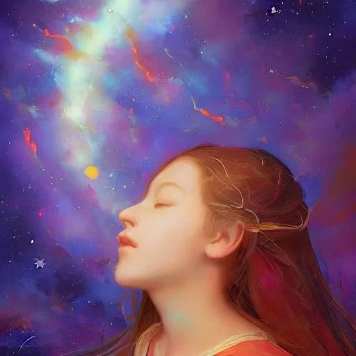 Image similar to A beautiful illustration of a young girl with long flowing hair, looking up at the stars. She appears to be dreaming or lost in thought. mariachi, medieval parchment by Scott Naismith, by Lorenz Hideyoshi, by Michael Whelan vfx, beautiful