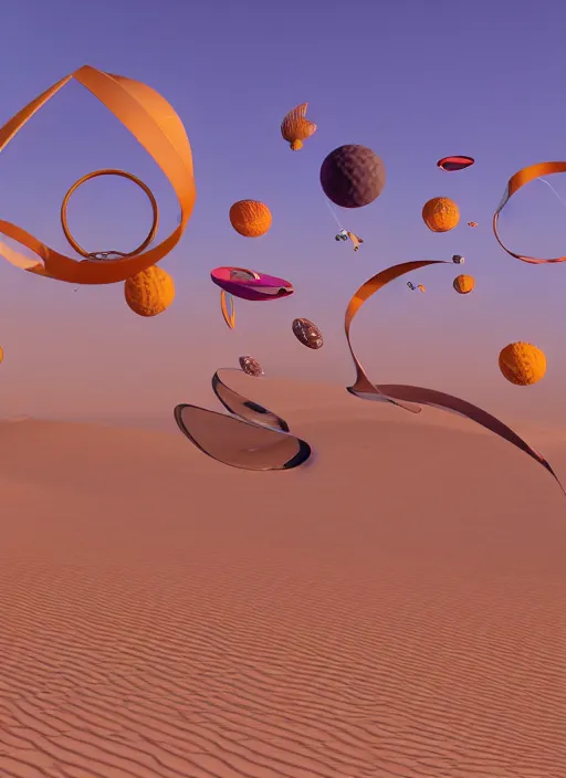 Prompt: flying 3 d organic objects, spline colorful, morphing objects, vray render, cinema 4 d, cinematic scene in the desert, ambient occlusion