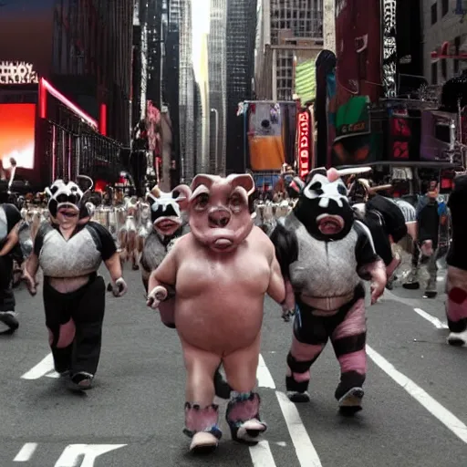 Image similar to a parade in new york city, everyone is dressed as Pigsy from Manhunt, 4k