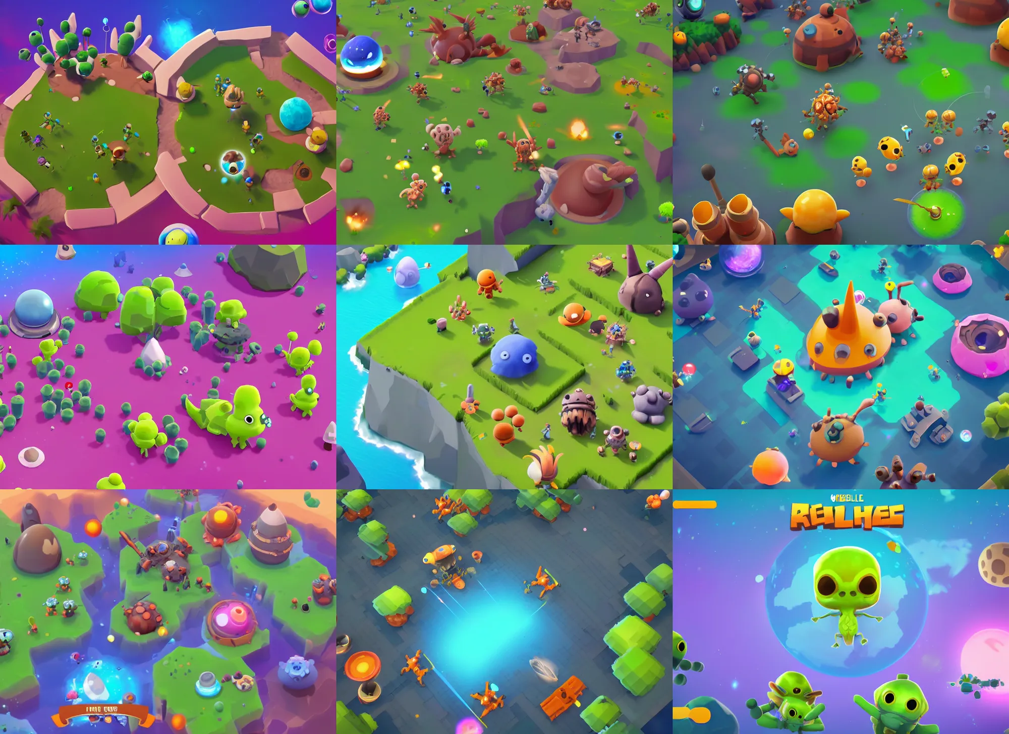 Prompt: mobile battle royale game about alien cute little animals that land on a planet with different biomes, craters, alien capsules, bushes in the visual style of Spore and Brawl Stars, view from above and slightly behind, planet curvature, with ui ux