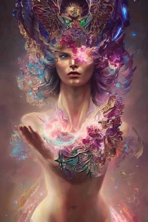 Image similar to torso closeup model wearing exploding flower crystal dress, sorcerer, diamonds, angel, fantasy, dramatic lighting, highly detailed, digital painting, holding electricity, magic the gathering, hyper detailed, 3 d render, hyper realistic detailed portrait, peter mohrbacher, wlop, ruan jia