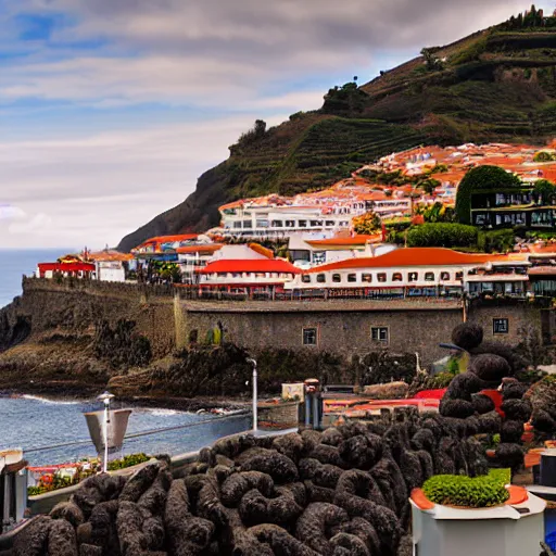 Image similar to madeira island, funchal, the bay, very very wide shot, realism, cinematic shot