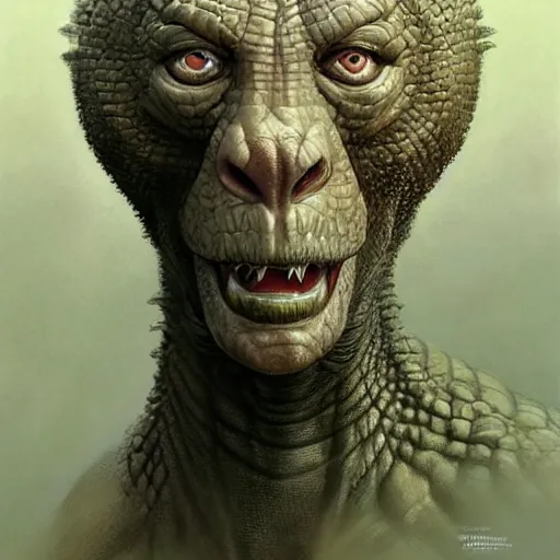 Prompt: vladimir putin, anthropomorphic bald prehistoric reptile, putin is hybrid lizard, toothless, horror, macabre by donato giancola and greg rutkowski and wayne barlow and zdzisław beksinski, realistic face, digital art