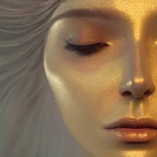 Image similar to beautiful face, crystal, platinum, gold, biomechanoid with incredible iridescent pearlescent voluminous fiberoptic hair, crystalline masterpiece implants, hyperdetailed face, elegant pose, movie still, intricate, octane render, cinematic forest lighting, unreal engine, crepuscular rays, god rays.